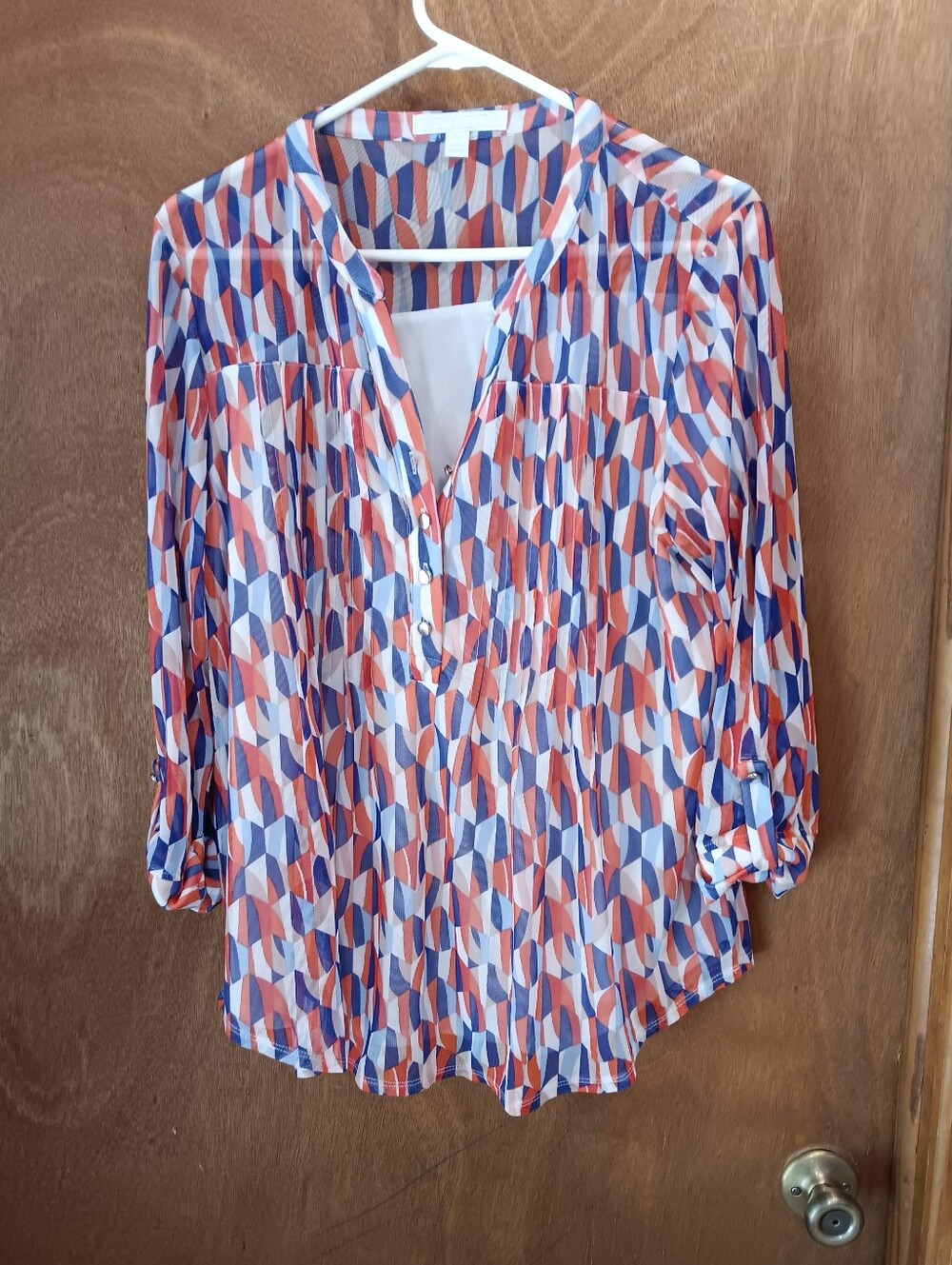 Juniper&lime Geometric Print Lightweight V-Neck Blouse - Coral, Blue & White